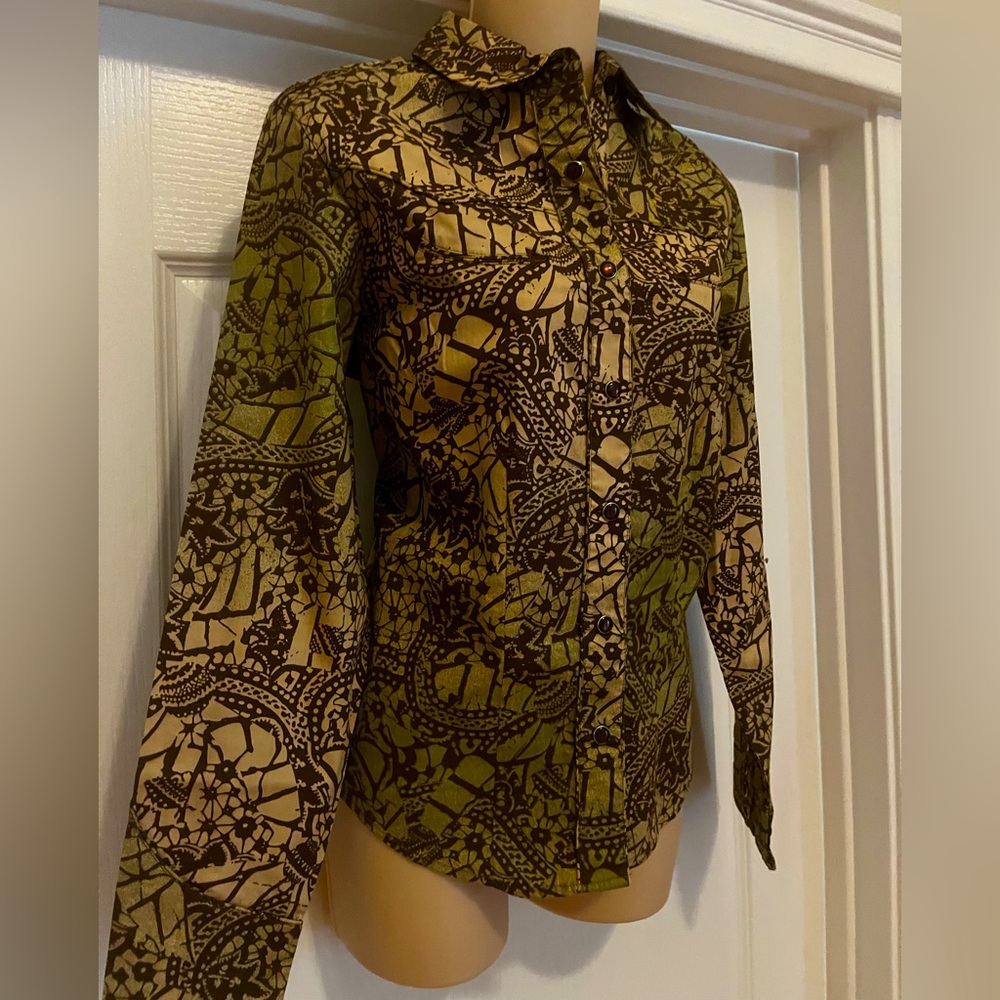 Vintage RoughRider By Circle T Brown Green Coastal Western Snap Shirt Sz M, NWOT - Picture 7 of 13